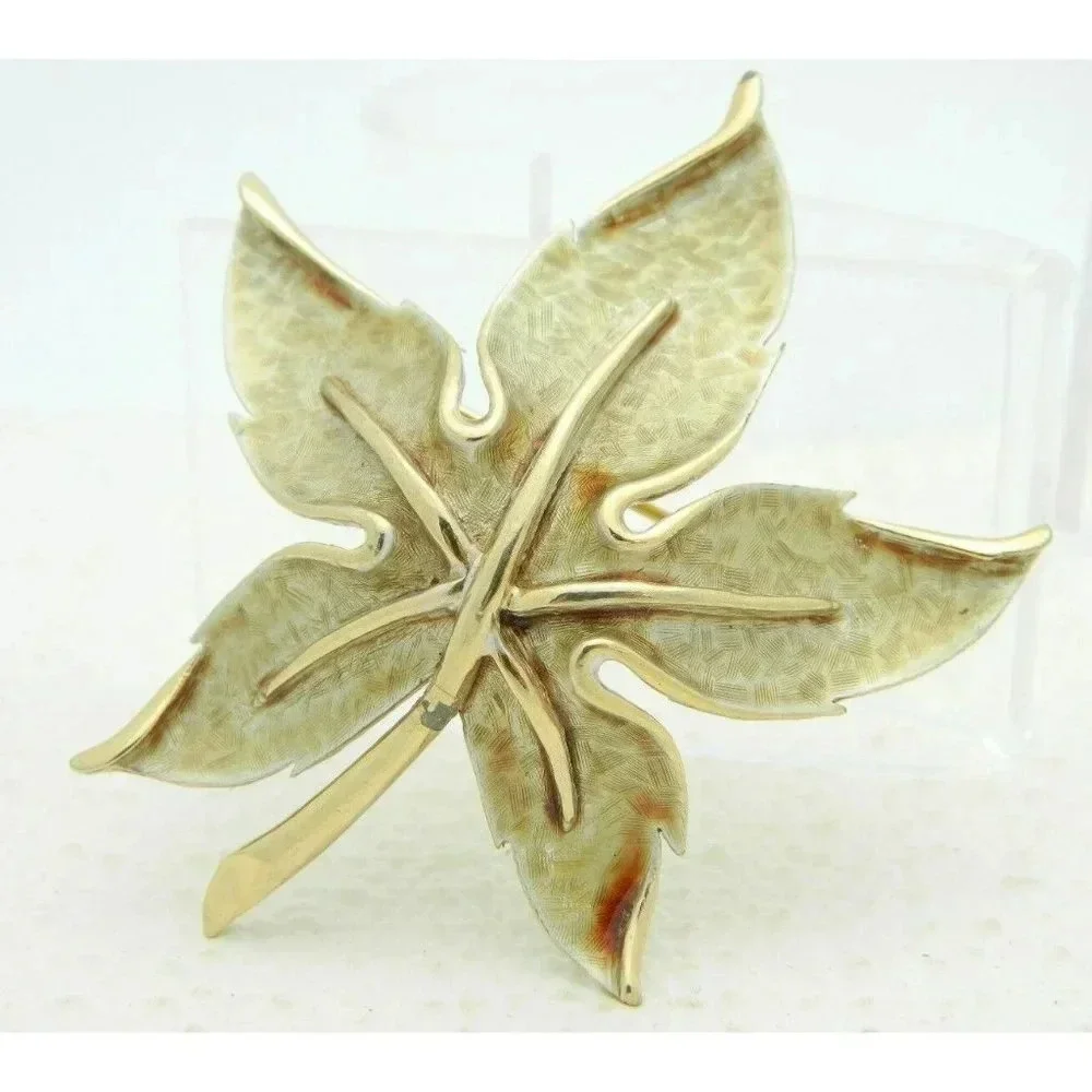 VTG KRAMER Gold Tone Yellow Brown Enamel Leaf Pin Brooch